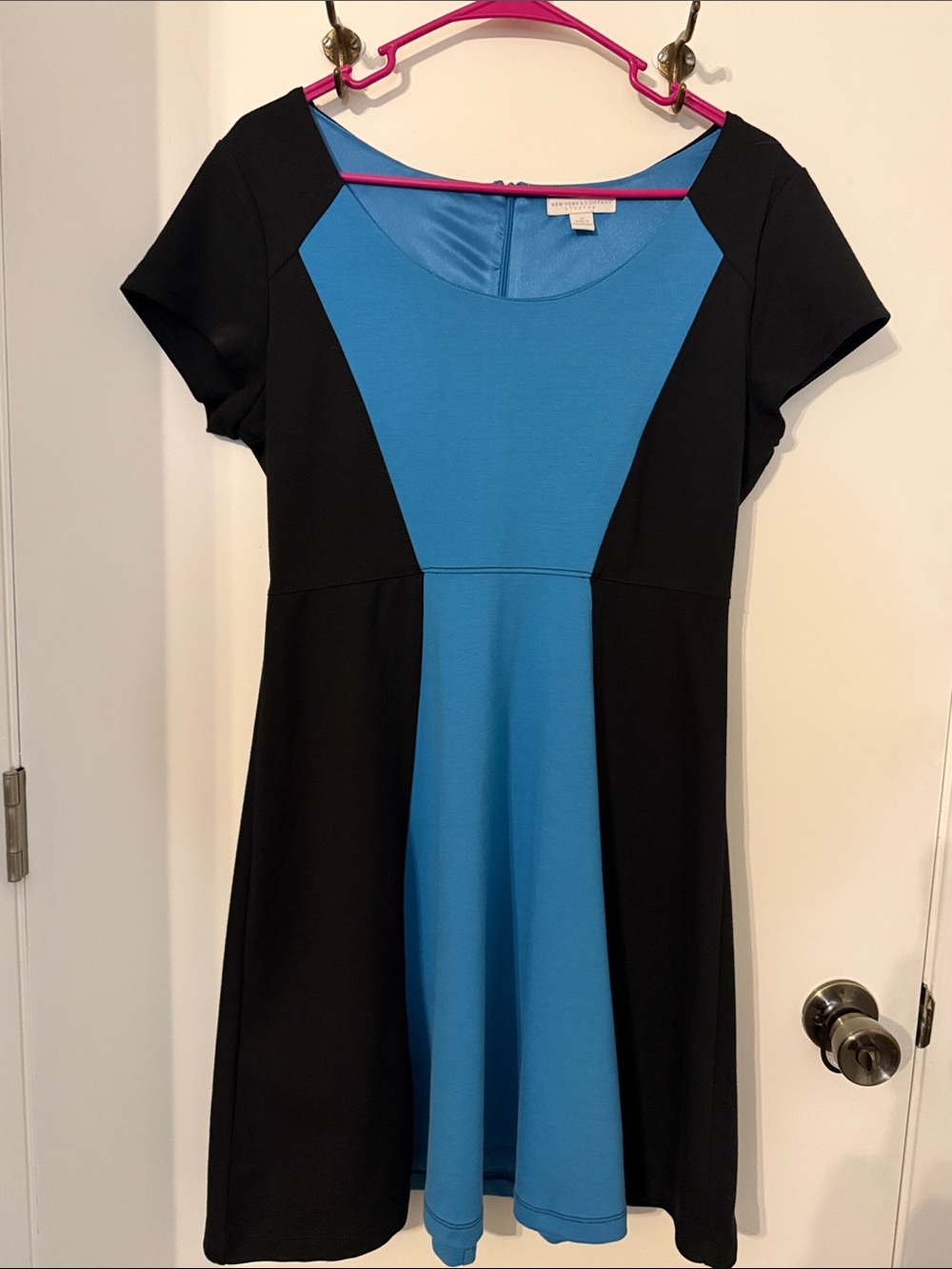 New York & Company Black and Blue Colorblock Fit-and-Flare Dress
